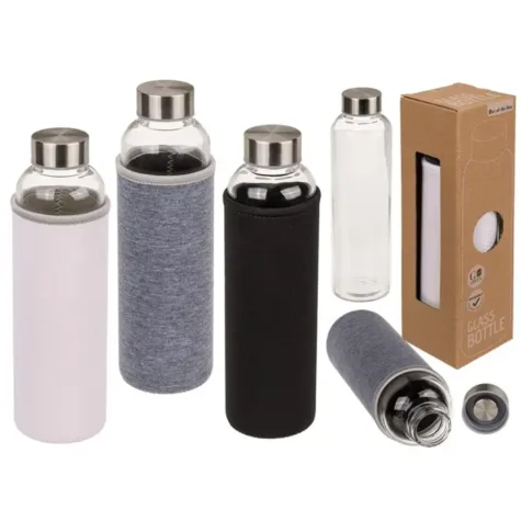 Drinkfles van borosilicaatglas met deksel 550 ml ca 23 cm hoog assorti kleur bij GrappigSpul