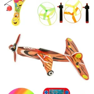 Speelpakket voor urenlang speelplezier -Regenboogbal- Waterspelletje- Vliegende schotel- 3D vliegtuigje- Batje met balletje bij GrappigSpul