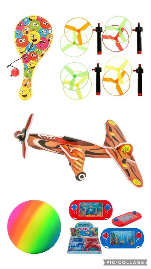 Speelpakket voor urenlang speelplezier -Regenboogbal- Waterspelletje- Vliegende schotel- 3D vliegtuigje- Batje met balletje bij GrappigSpul