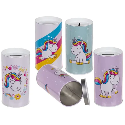Metalen spaarpot, grappige eenhoorn 15,5 x 8 cm per stuk assorti geleverd bij GrappigSpul