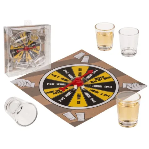 drinkspel, shotspinner incl. 4 shotglazen in geschenkverpakking bij GrappigSpul