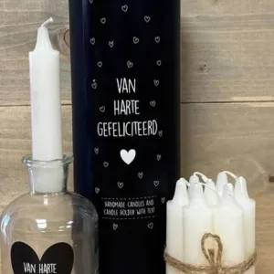 Koker met 7 kaarsjes en fles met tekst : Van harte gefeliciteerd at GrappigSpul