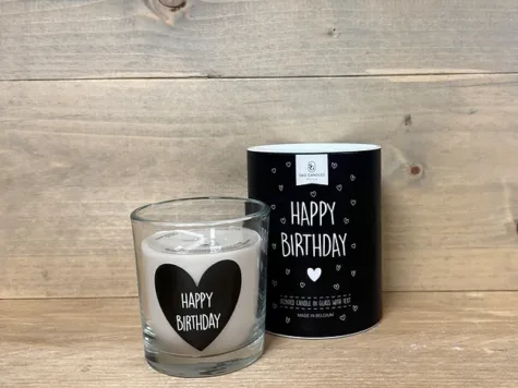 Koker met geurkaars vanille met tekst : Happy birthday bij GrappigSpul