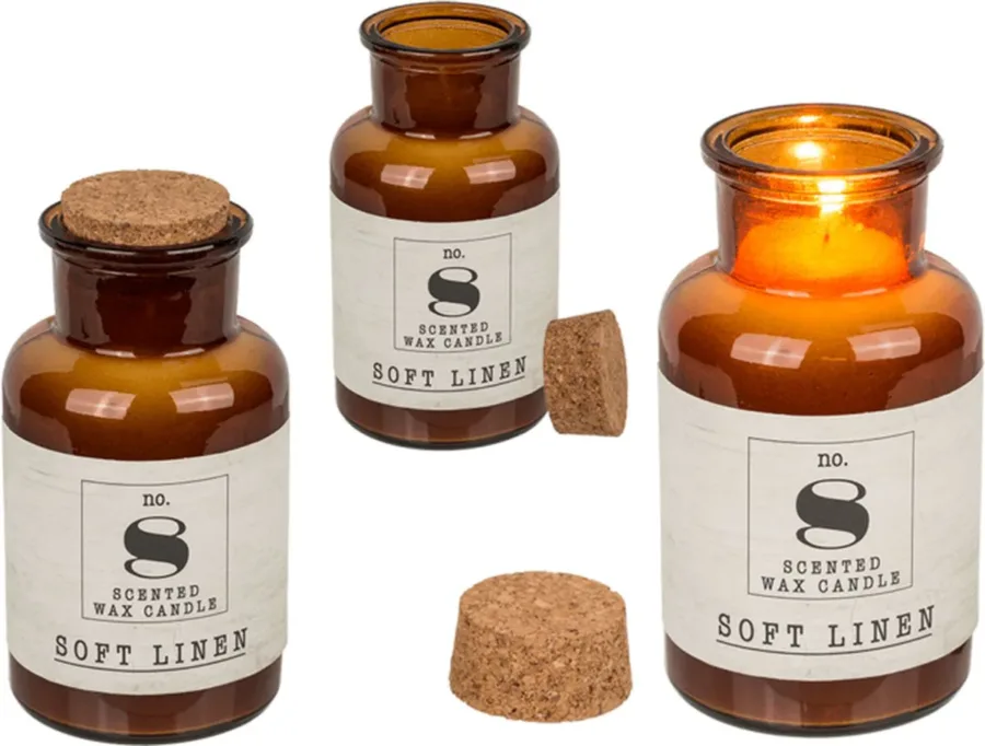 Geurkaars (Soft Linen) in een apothekerspotje bij GrappigSpul