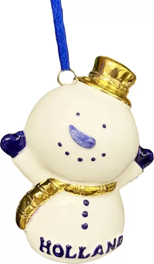 Kerstornament Sneeuwpop Delfts Blauw met goud bij GrappigSpul